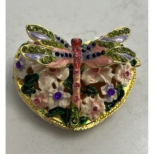 Whimsical Enamel Bejeweled Dragonfly Heart Shaped Trinket Box Jewelry Garden